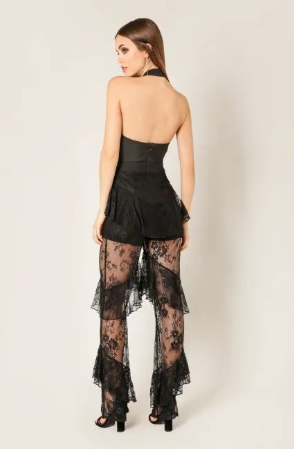 Sexy Black Halter Neck Lace Bottom Jumpsuit