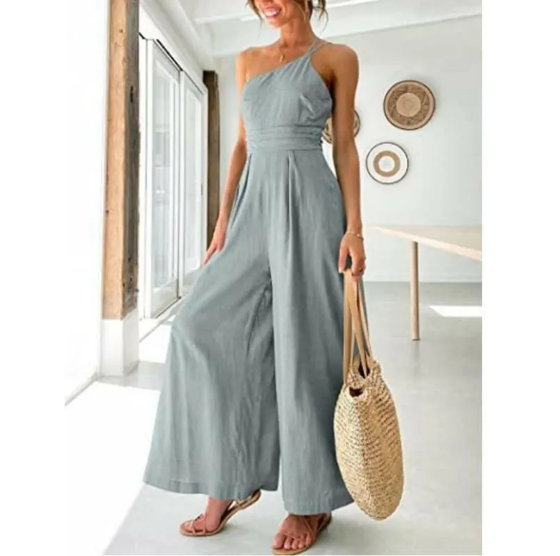 Sexy Camisole Waist Wide Leg Sleeveless Cotton Linen Jumpsuit