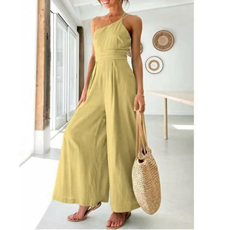 Sexy Camisole Waist Wide Leg Sleeveless Cotton Linen Jumpsuit