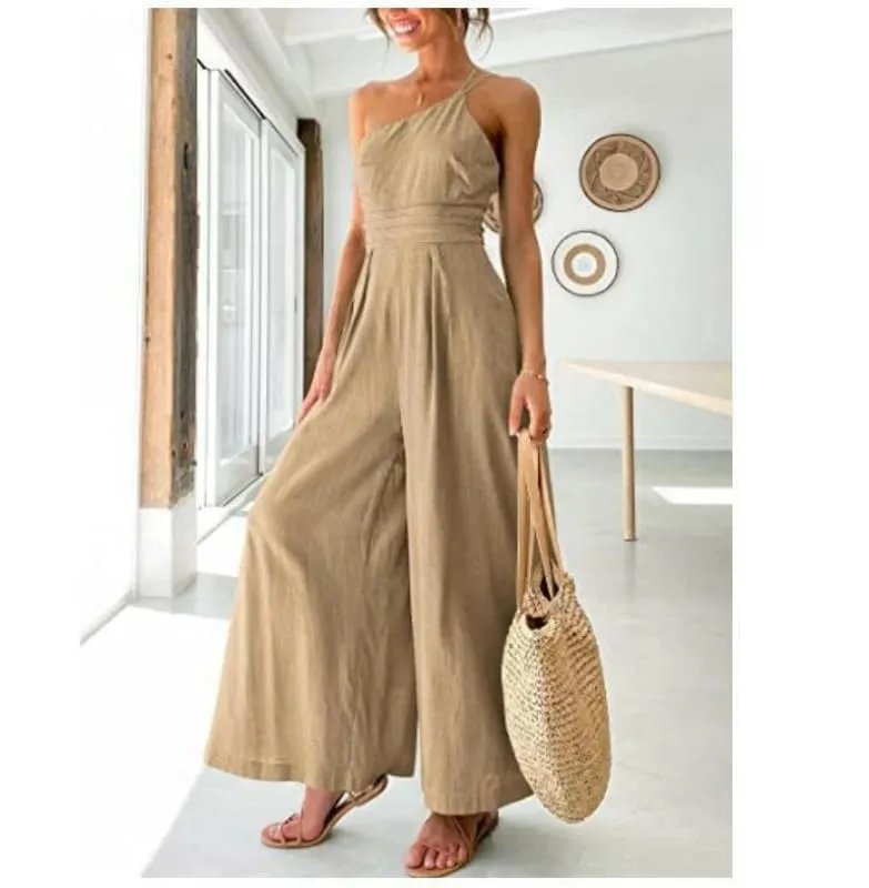 Sexy Camisole Waist Wide Leg Sleeveless Cotton Linen Jumpsuit