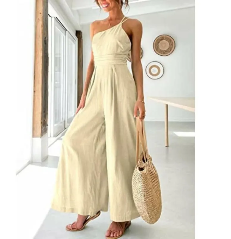 Sexy Camisole Waist Wide Leg Sleeveless Cotton Linen Jumpsuit