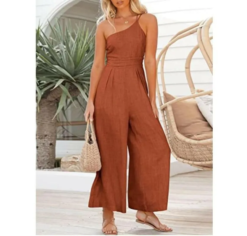 Sexy Camisole Waist Wide Leg Sleeveless Cotton Linen Jumpsuit