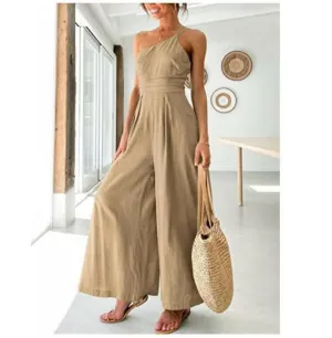 Sexy Camisole Waist Wide Leg Sleeveless Cotton Linen Jumpsuit