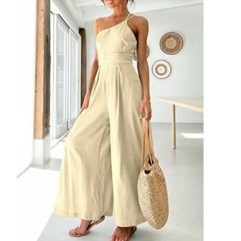 Sexy Camisole Waist Wide Leg Sleeveless Cotton Linen Jumpsuit