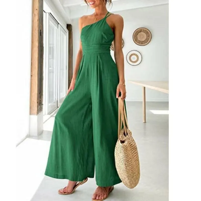 Sexy Camisole Waist Wide Leg Sleeveless Cotton Linen Jumpsuit