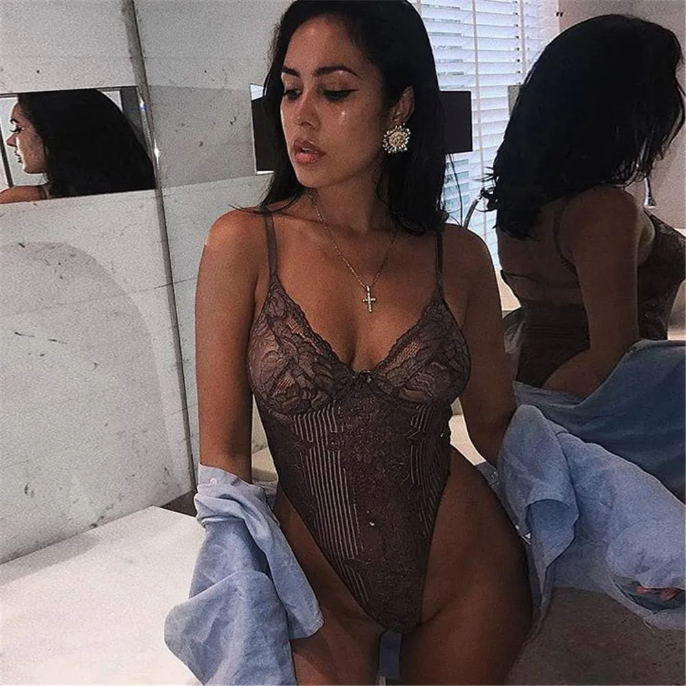 Sexy Sheer Women's Deep V-neck Backless Lace Bodysuit