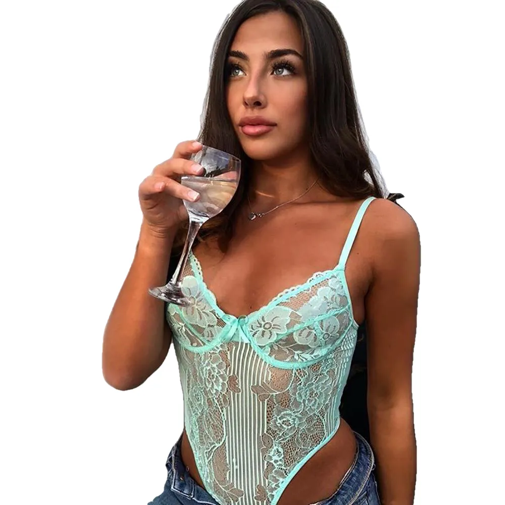 Sexy Sheer Women's Deep V-neck Backless Lace Bodysuit