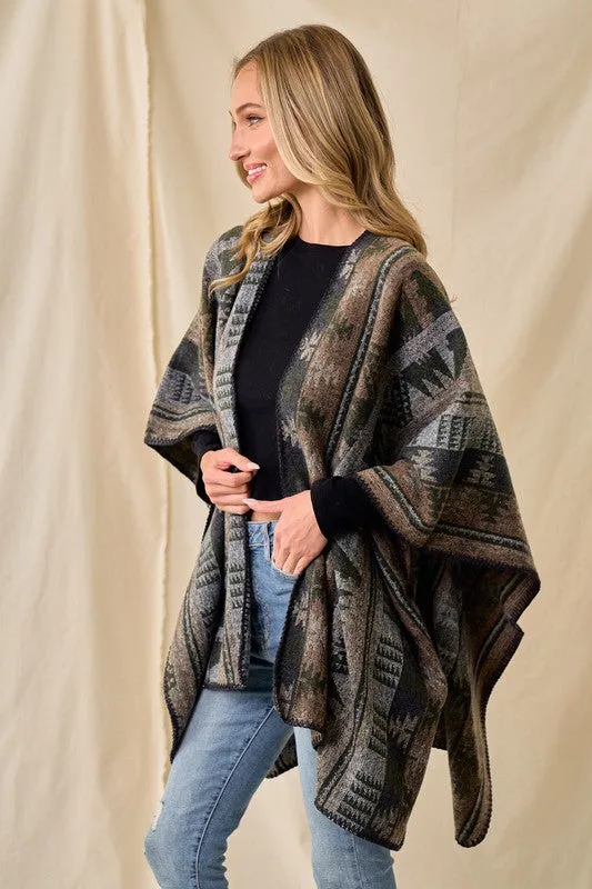 Shawl Wrap Poncho Aztec Pattern - Olive Multi