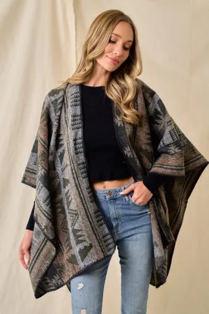 Shawl Wrap Poncho Aztec Pattern - Olive Multi