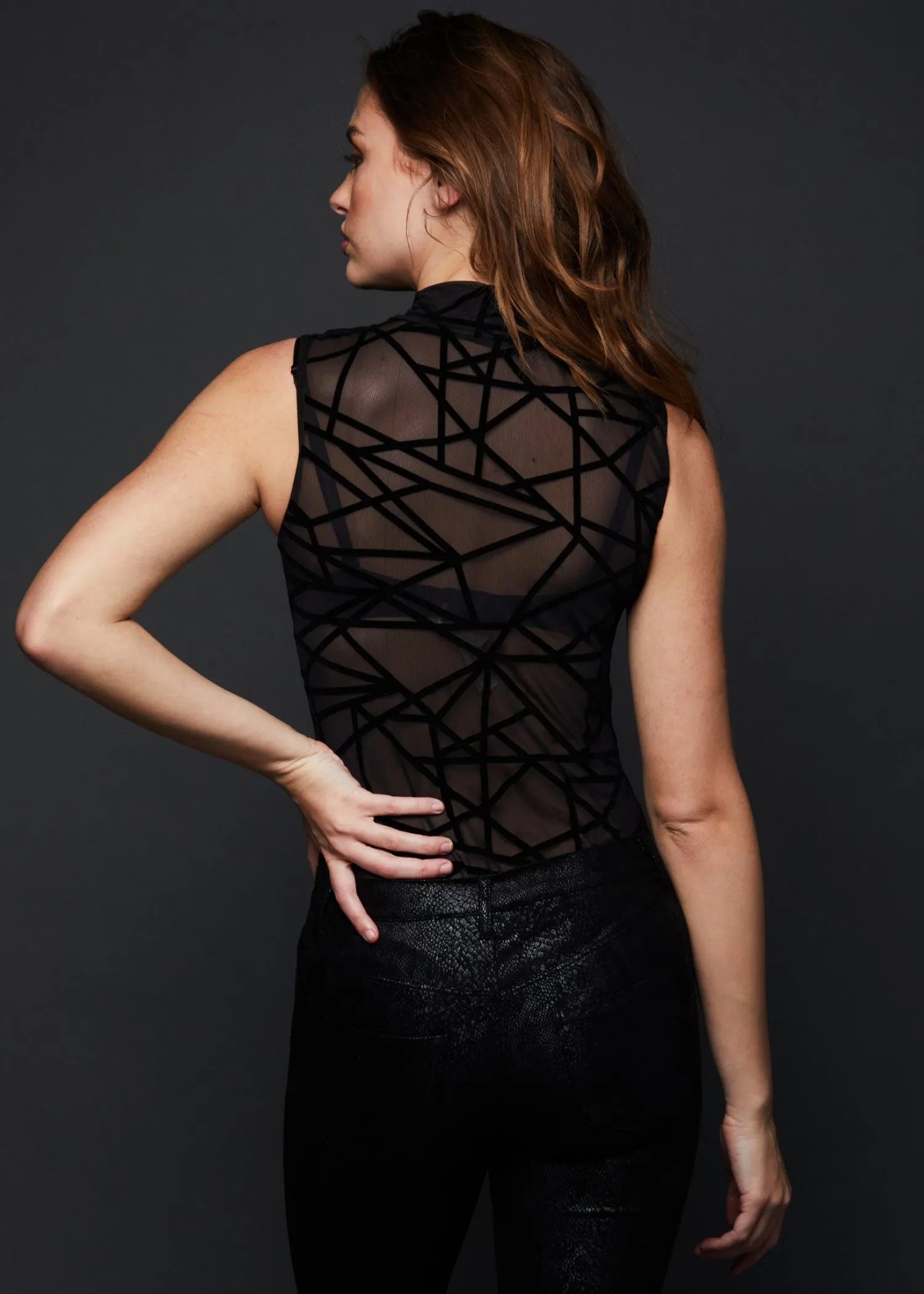 Sheer Sleeveless Geo Print Bodysuit Top