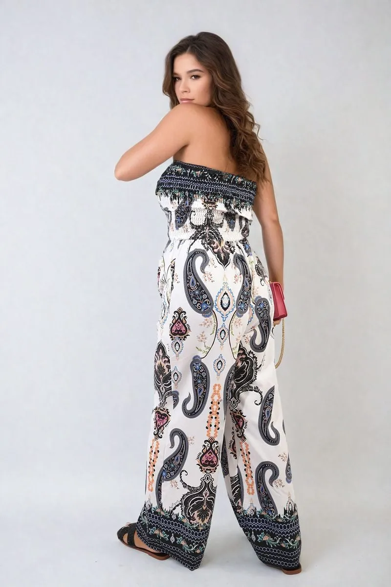 Shirred Strapless Printed Jumpsuit