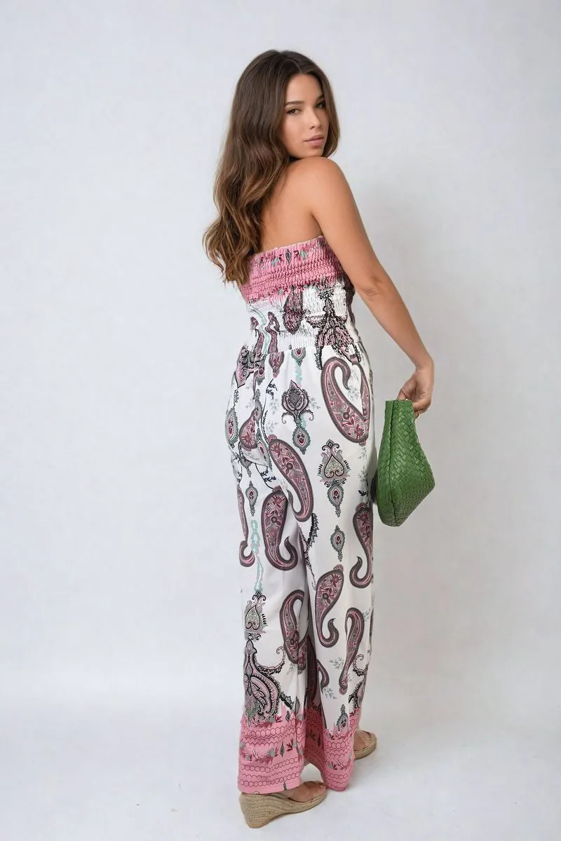 Shirred Strapless Printed Jumpsuit