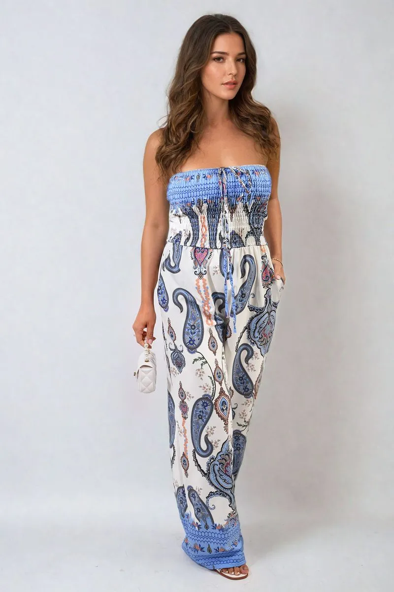 Shirred Strapless Printed Jumpsuit