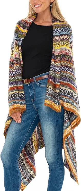 SHU-SHI Womens Long Cardigan Open Front Boho Fall Winter Poncho Sweater Wrap Shawl Cape