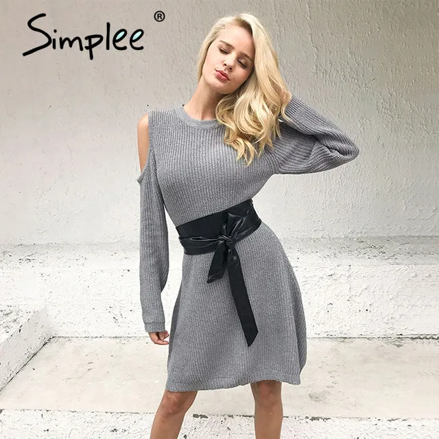 Simplee Vestido Belted Sweater Dress