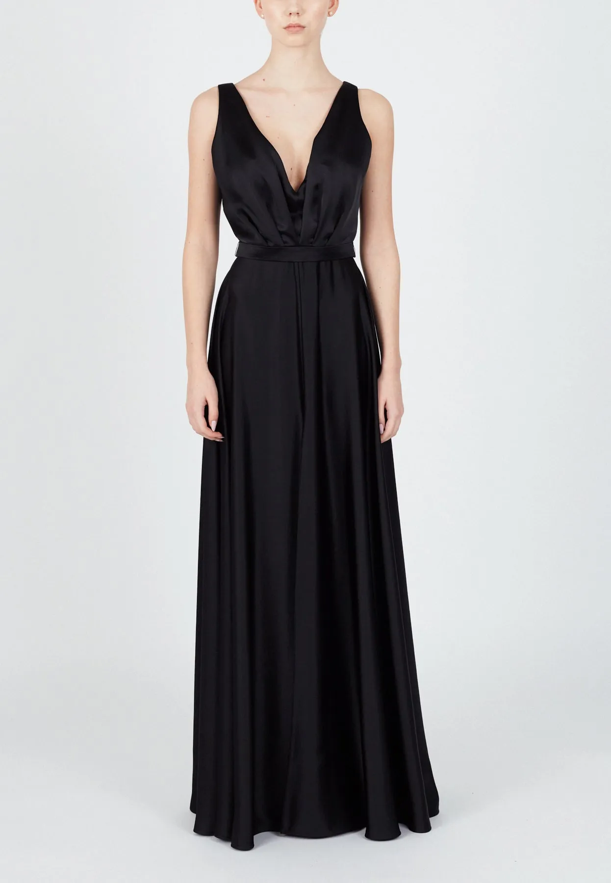 SOFI black satin maxi evening gown