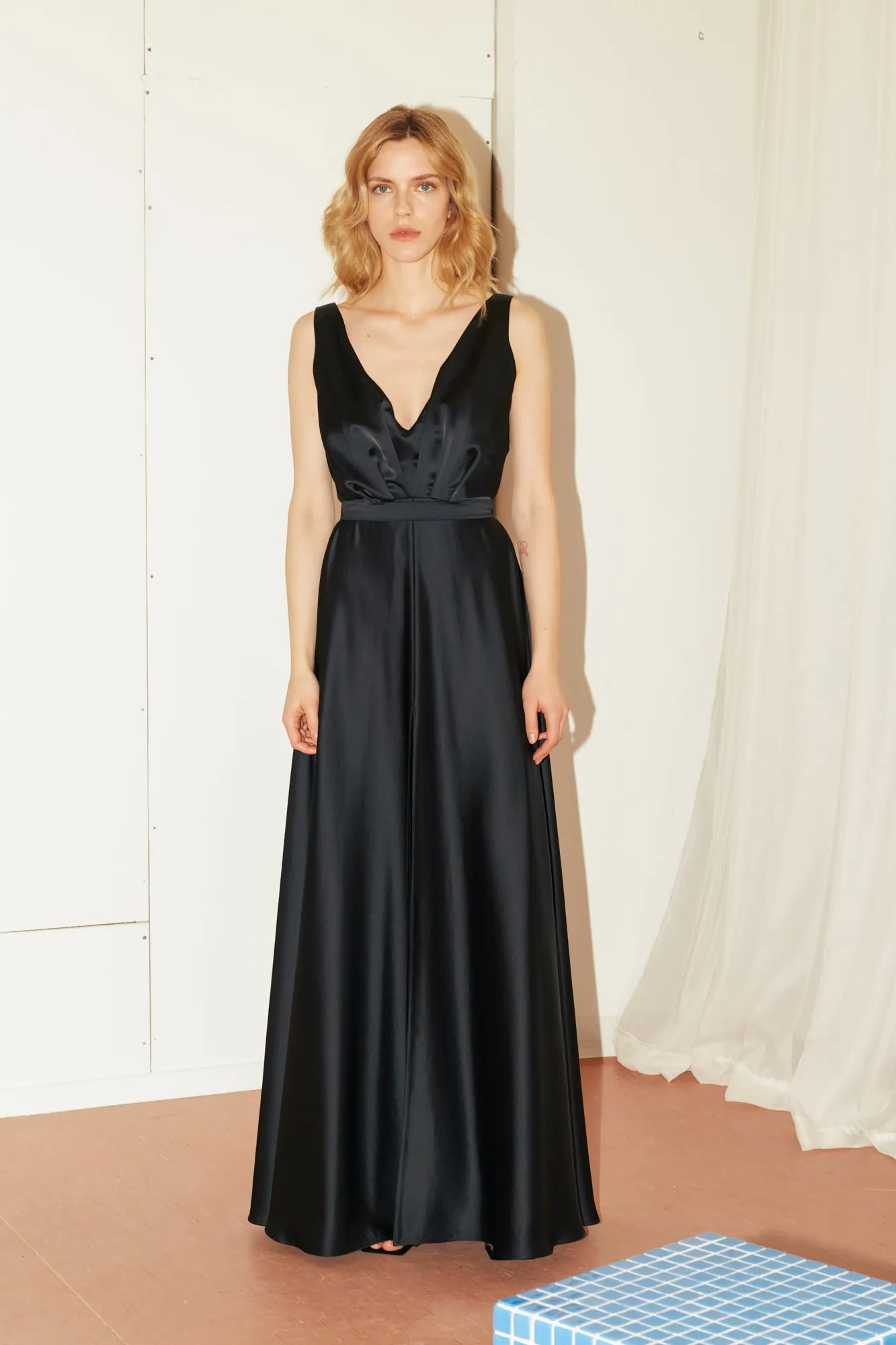 SOFI black satin maxi evening gown