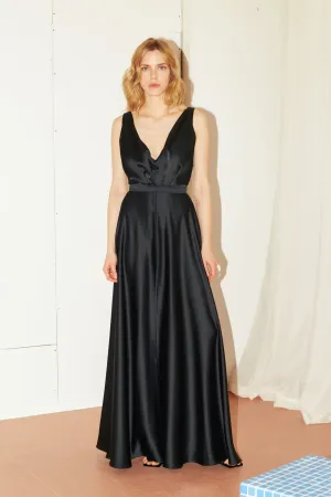 SOFI black satin maxi evening gown