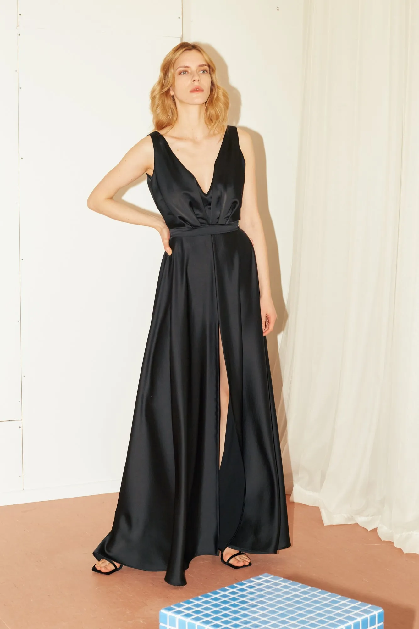 SOFI black satin maxi evening gown