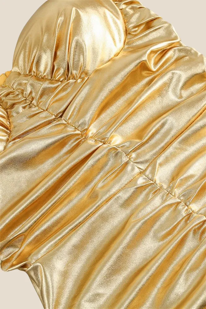 Spaghetti Straps Golden Ruched Tight Short Dress