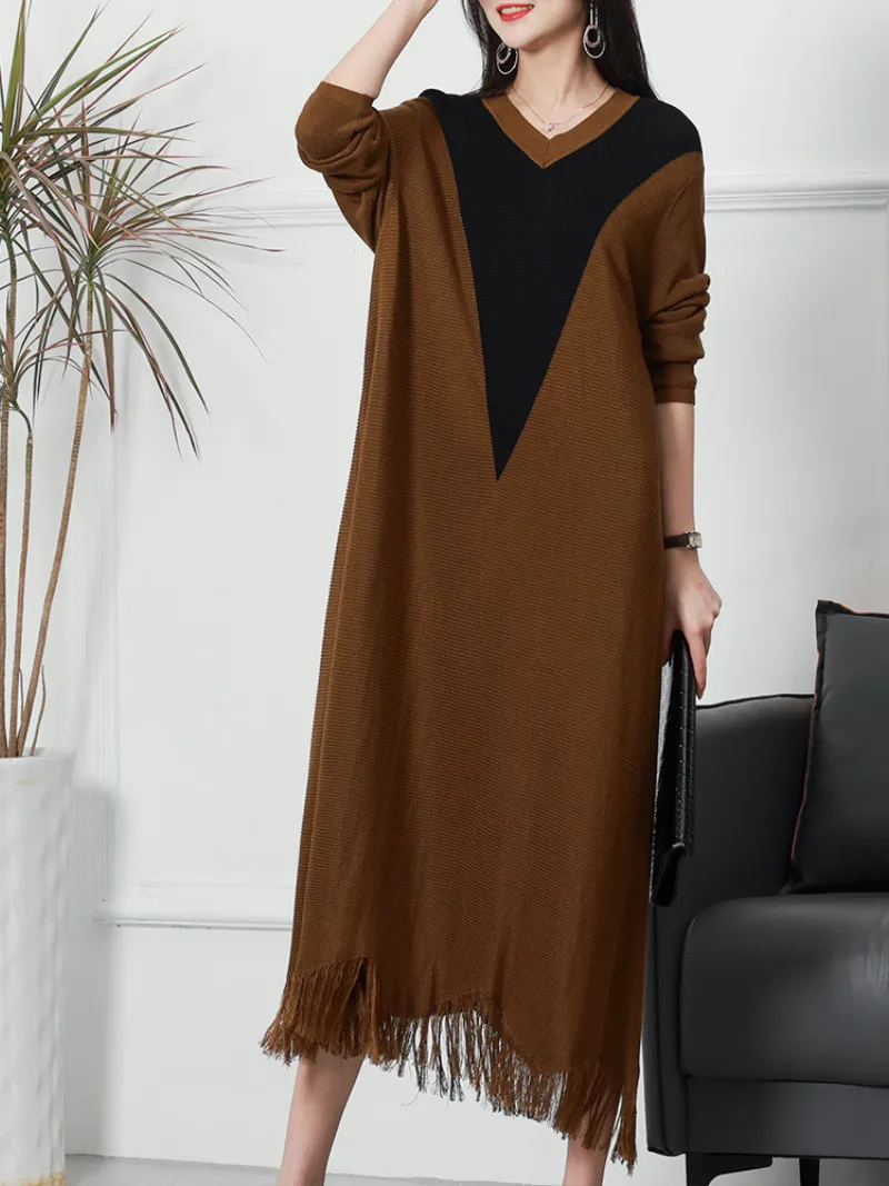 Spring Fit and Flare Loose Round Neck Knitted Midi-Dress