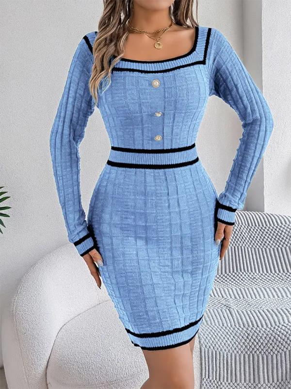 Square Neck Long Sleeve Knit Bodycon – Trim Accent