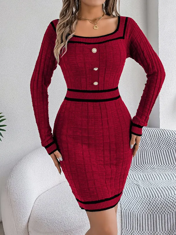 Square Neck Long Sleeve Knit Bodycon – Trim Accent