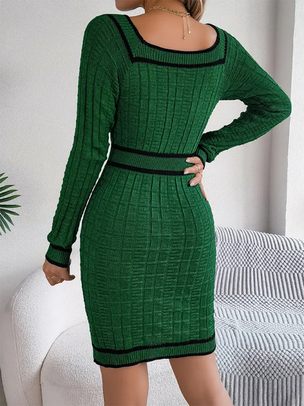 Square Neck Long Sleeve Knit Bodycon – Trim Accent