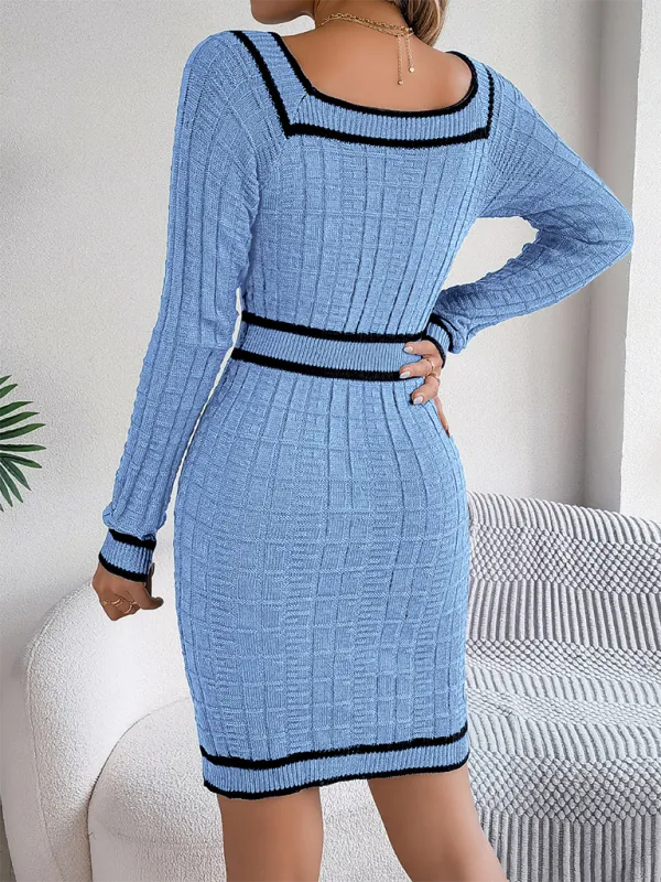 Square Neck Long Sleeve Knit Bodycon – Trim Accent