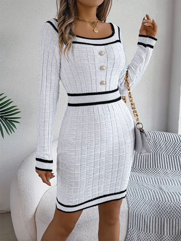 Square Neck Long Sleeve Knit Bodycon – Trim Accent