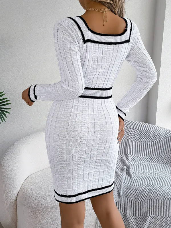 Square Neck Long Sleeve Knit Bodycon – Trim Accent