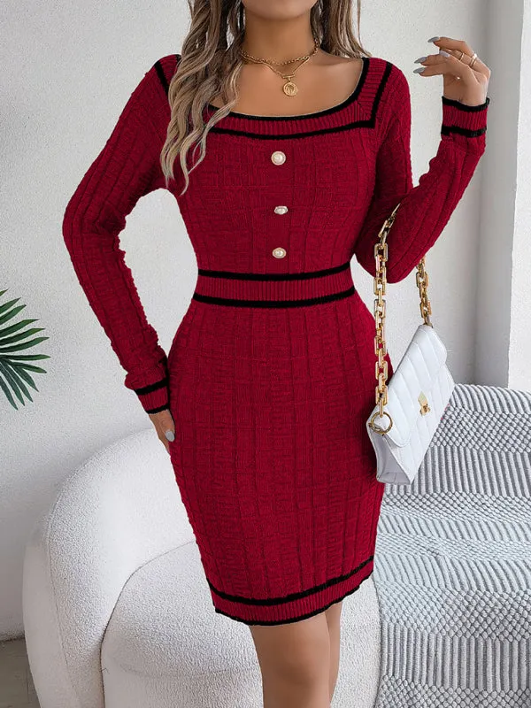 Square Neck Long Sleeve Knit Bodycon – Trim Accent