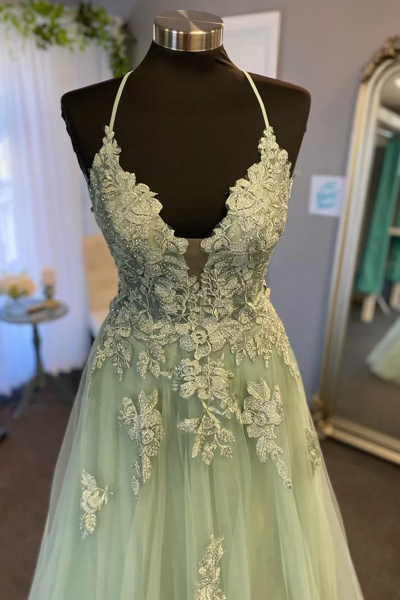 Straps Sage Green Appliques A-line Long Formal Dress   fg4484