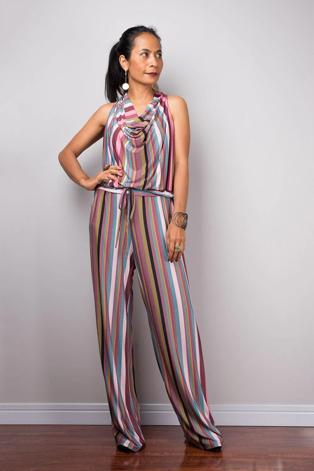 Striped Jumpsuit | Halter top jumper with cowl neck