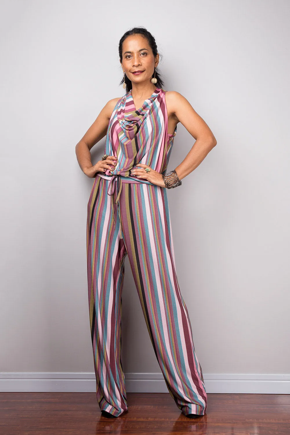 Striped Jumpsuit | Halter top jumper with cowl neck