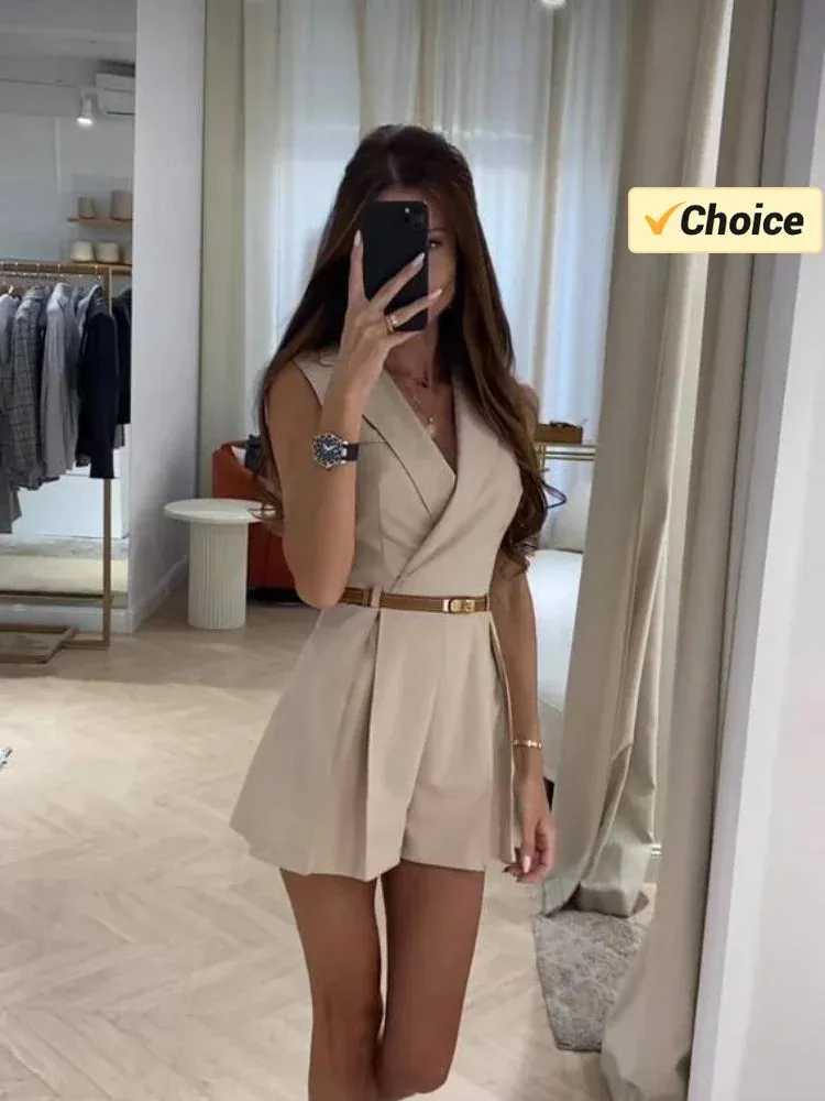 Summer Fashion New Women's Lapel Suit Jumpsuit OL Professional Commuting Women's Office Style Shorts Formal Jumpsuit