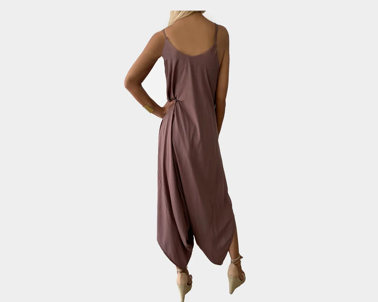 Sunset Brown Taupe Wooden Strap Jumpsuit - The Amalfi Coast