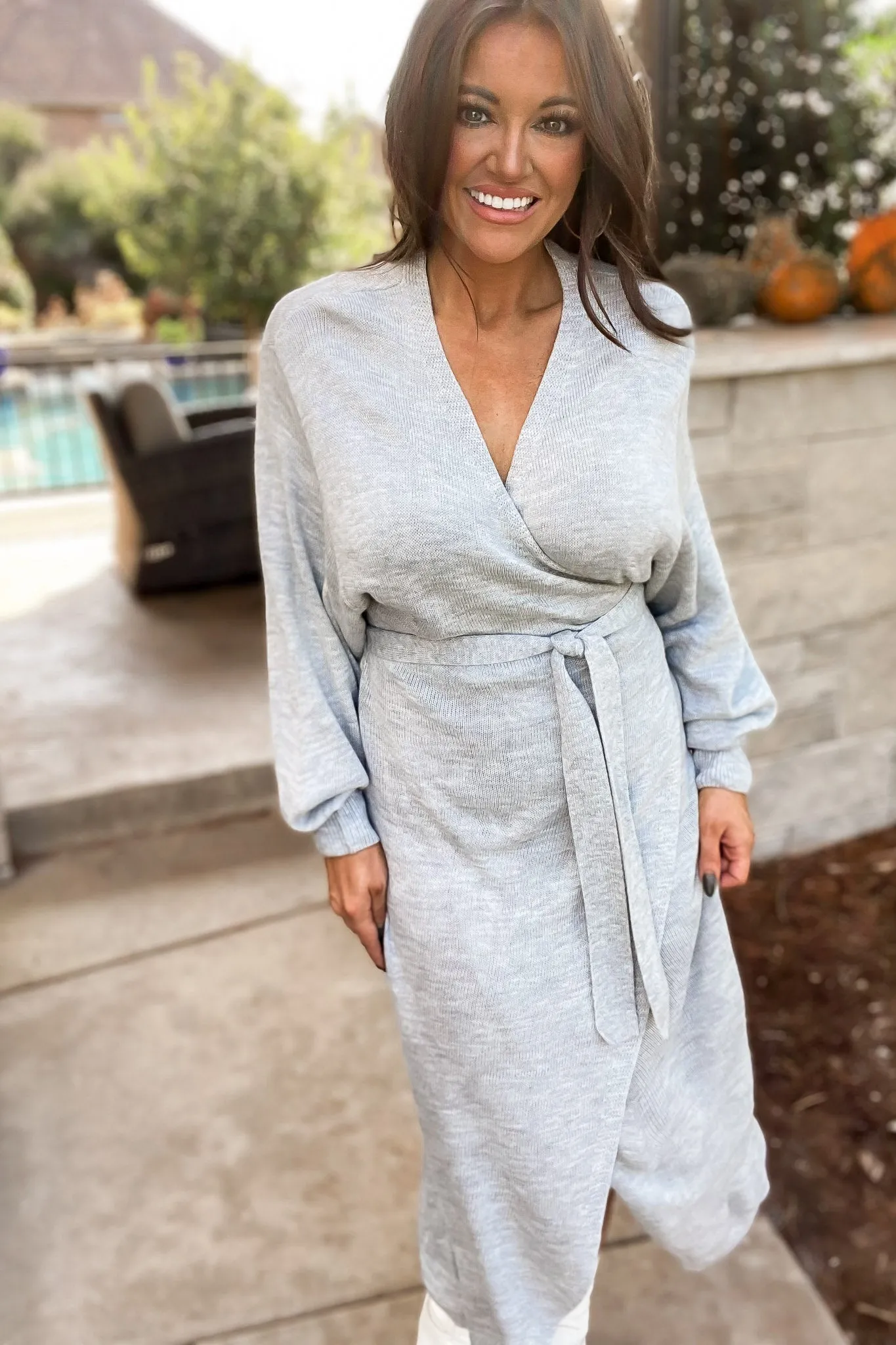 Sweater Weather Heather Gray Knit Sweater Wrap Midi Dress