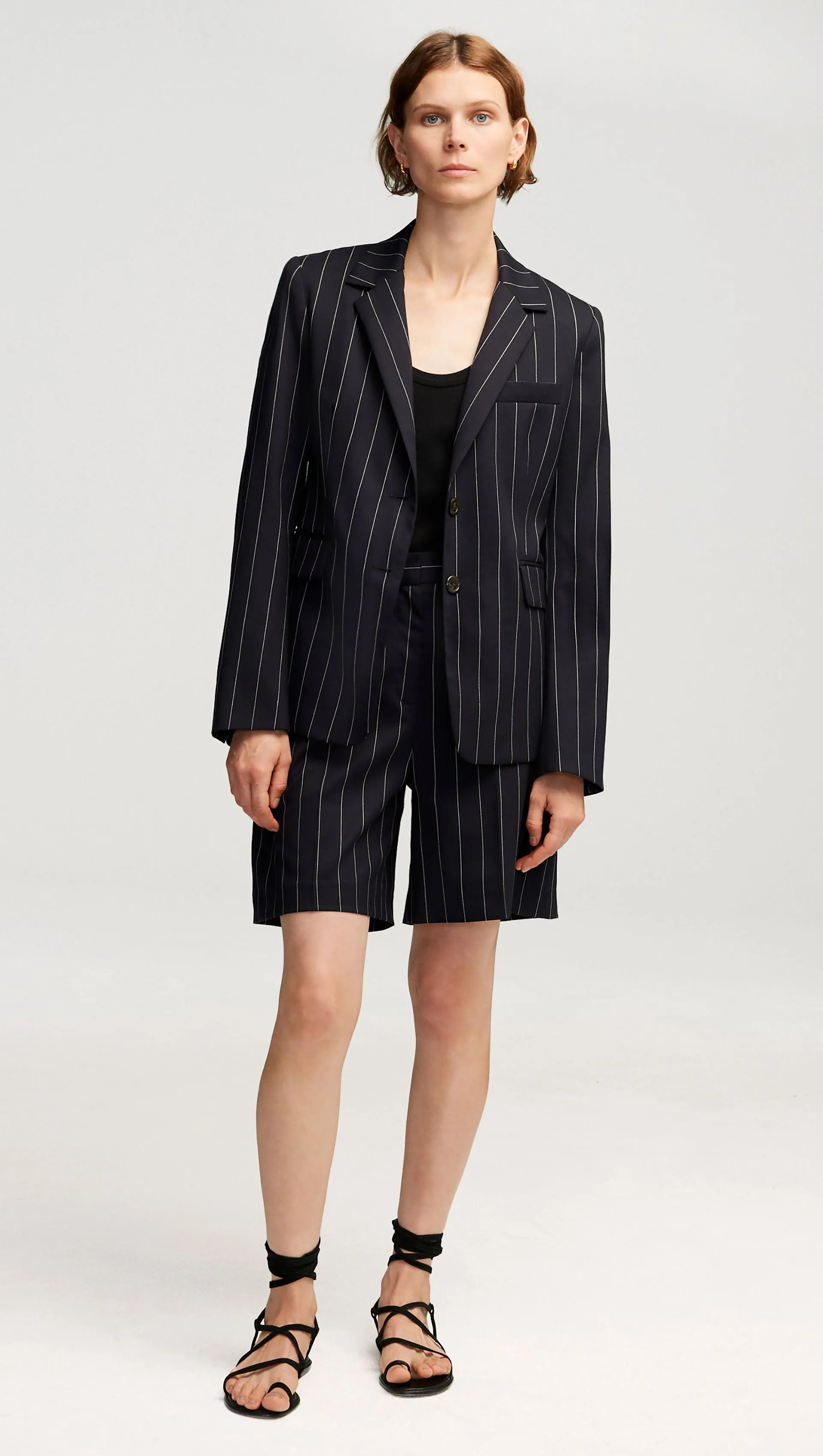 Tailored Shorts in Stretch Wool | Navy Pinstripe