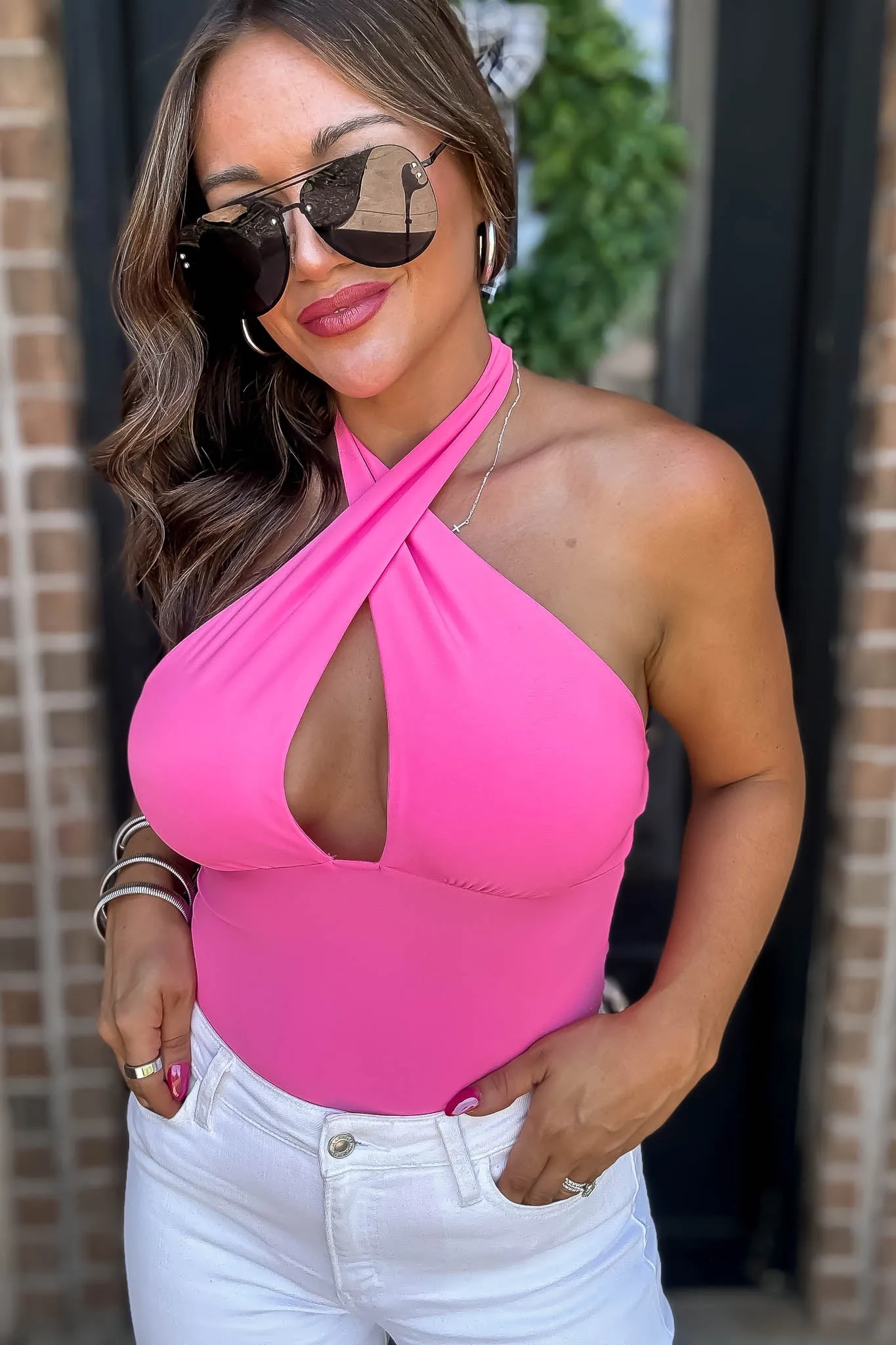 Take The Plunge Pink Halter Neck Solid Bodysuit