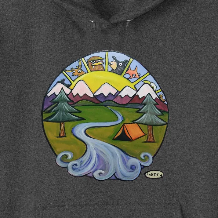 Tenting Dark Heathered Gray Hoodie | Wearable Art by Seattle Mural Artist Ryan "Henry" Ward