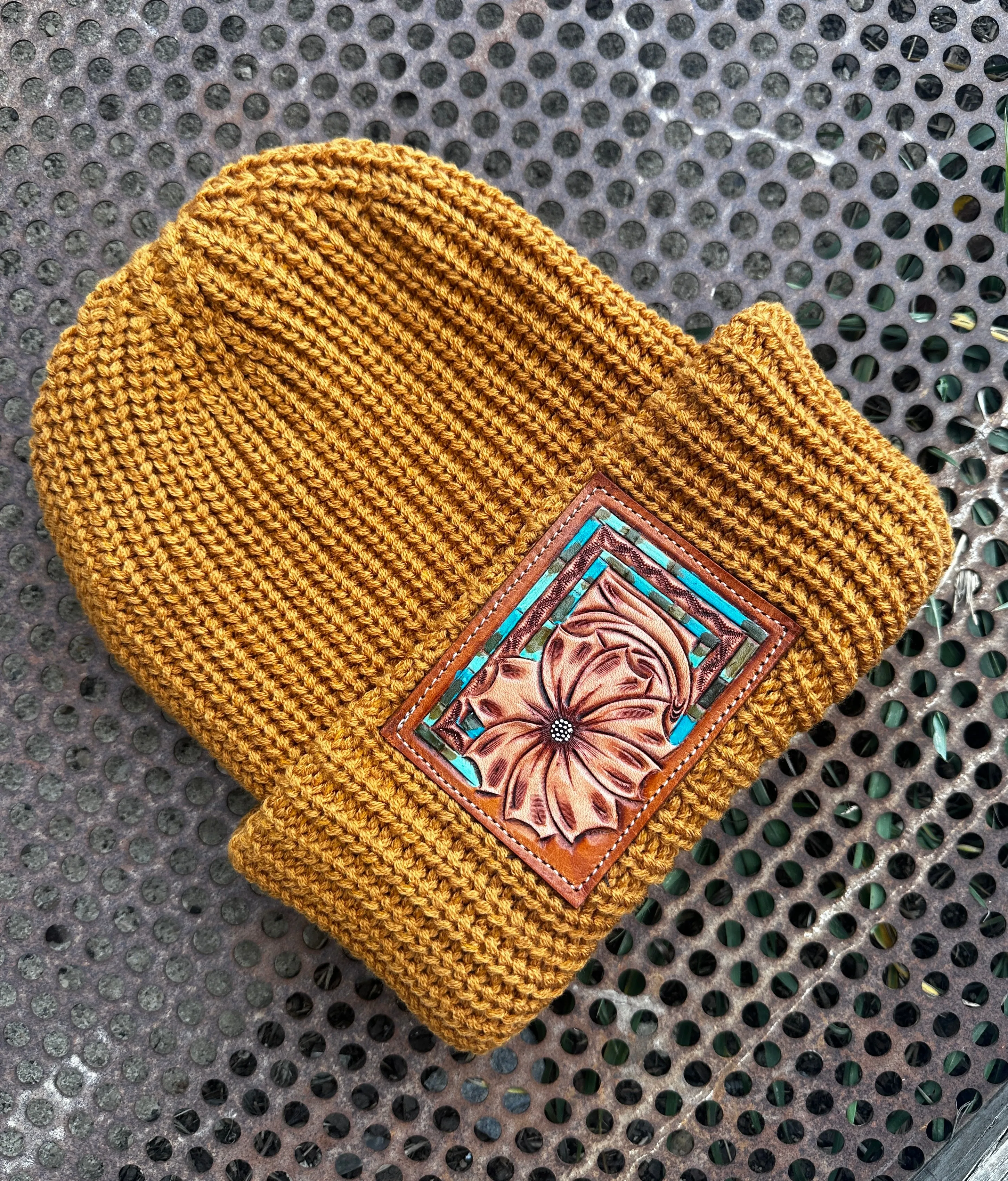 The Daisy Handtooled Leather Patch Beanie, Oversized in Turquoise and Southwest Border