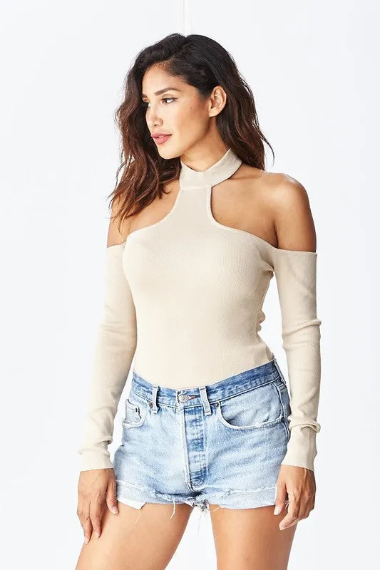 THE MYSTYLEMODE TAUPE T NECK COLD SHOULDER  LONG SLEEVE BODYSUIT