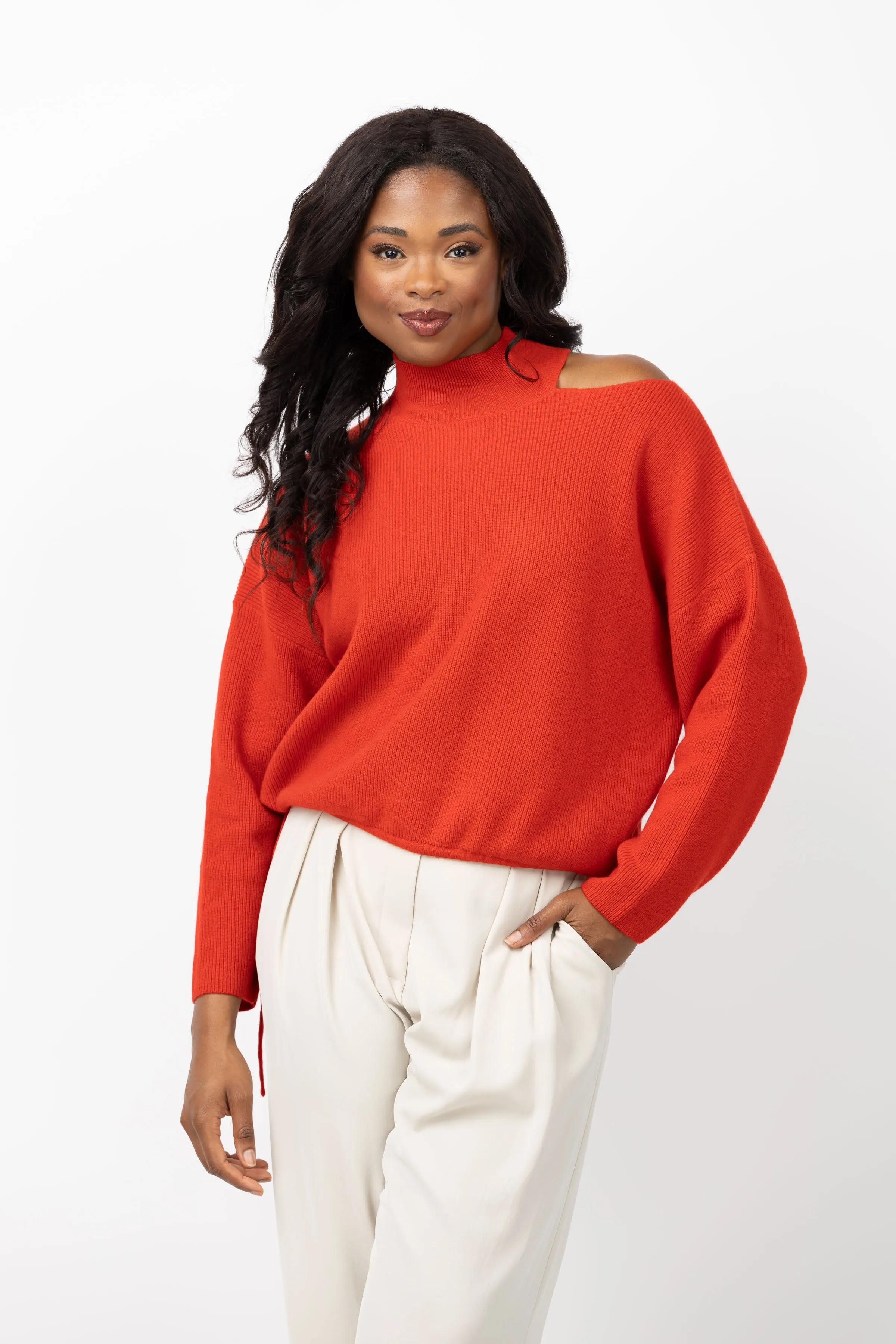 The Sei Open Shoulder Sweater in Crimson