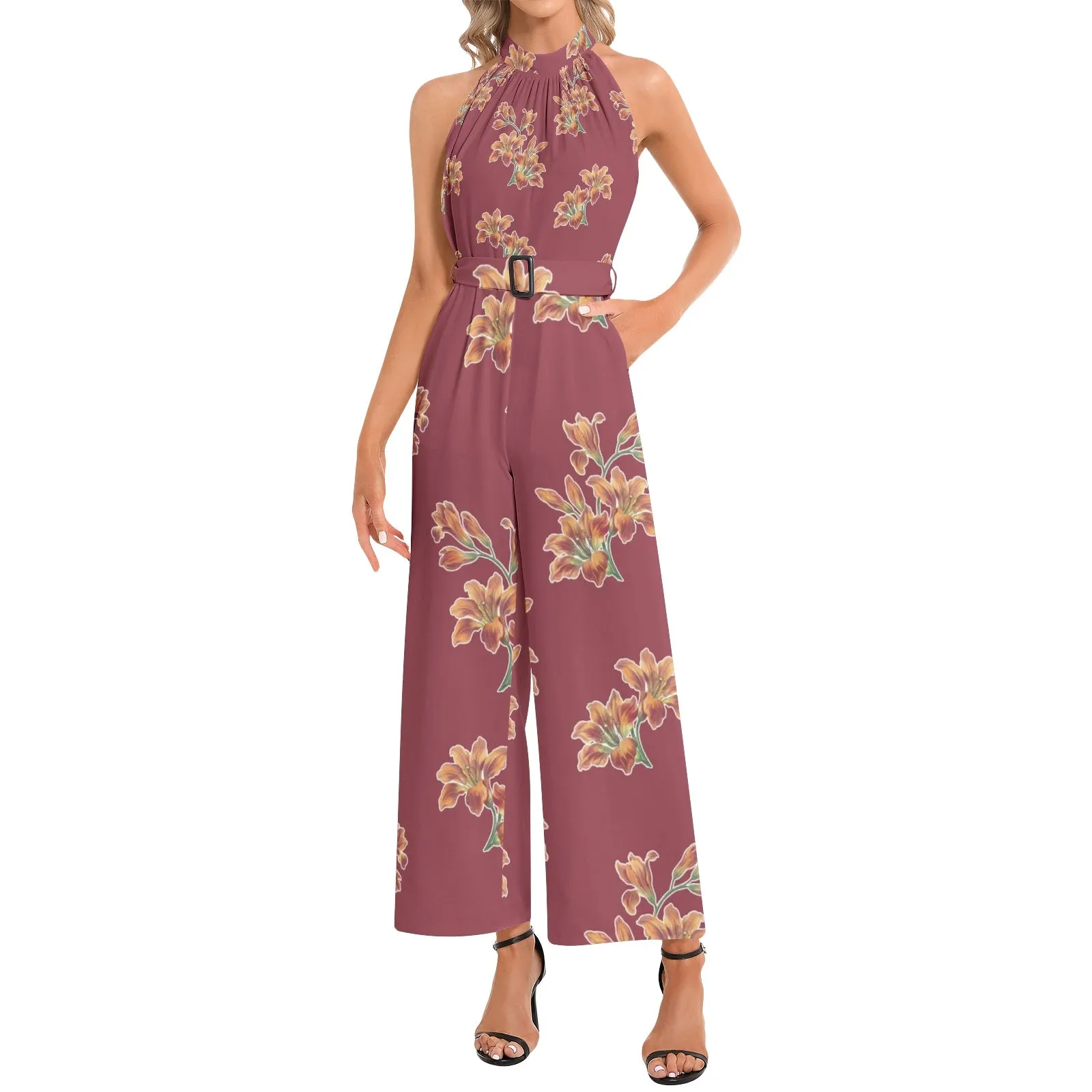 Tiger Lily Halter Neck Buckle Belted Jumpsuit