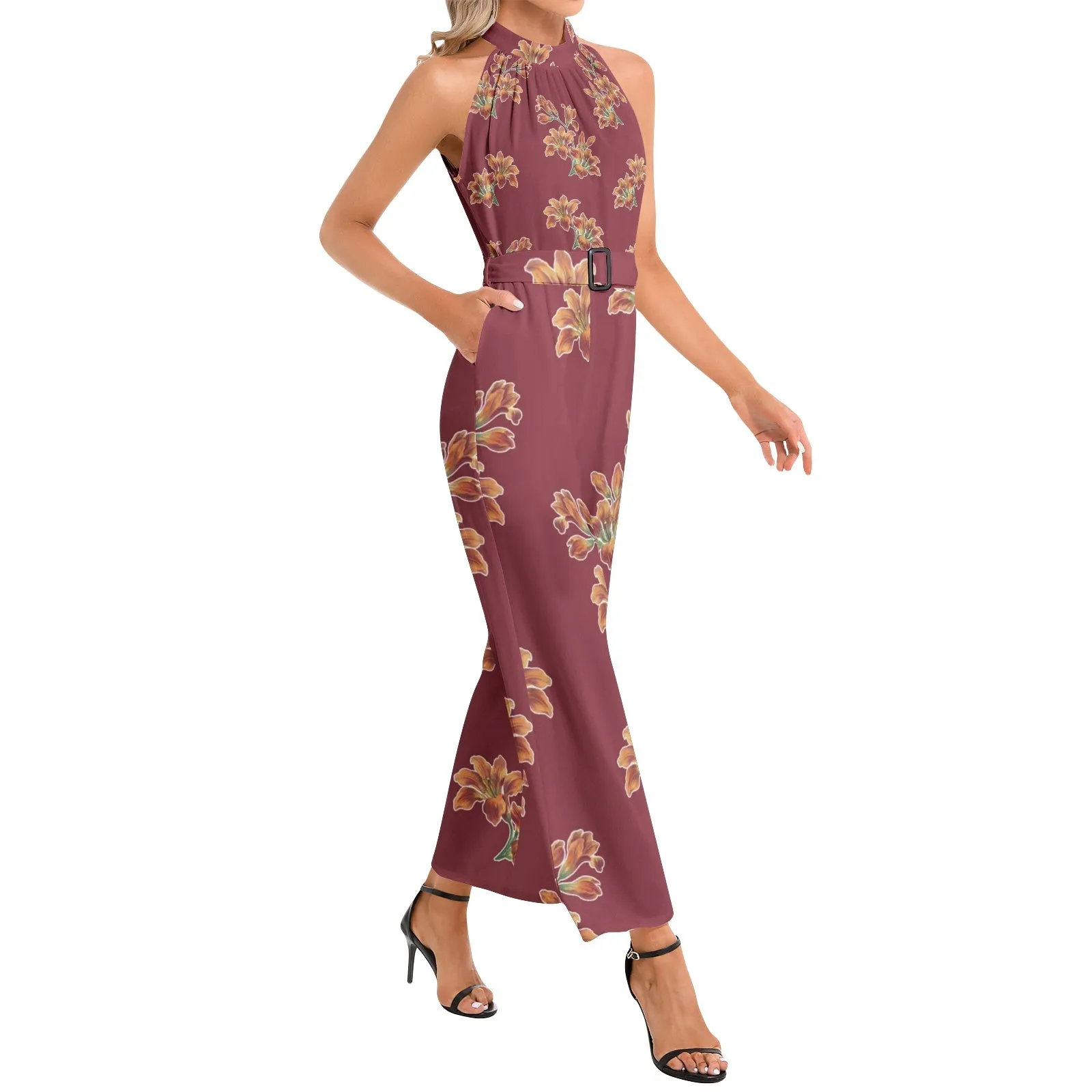 Tiger Lily Halter Neck Buckle Belted Jumpsuit