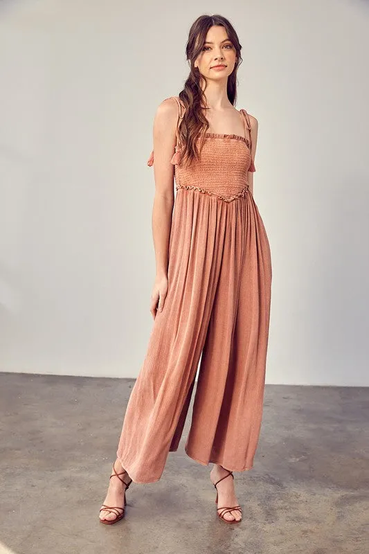 V Line Smocked Jumpsuit