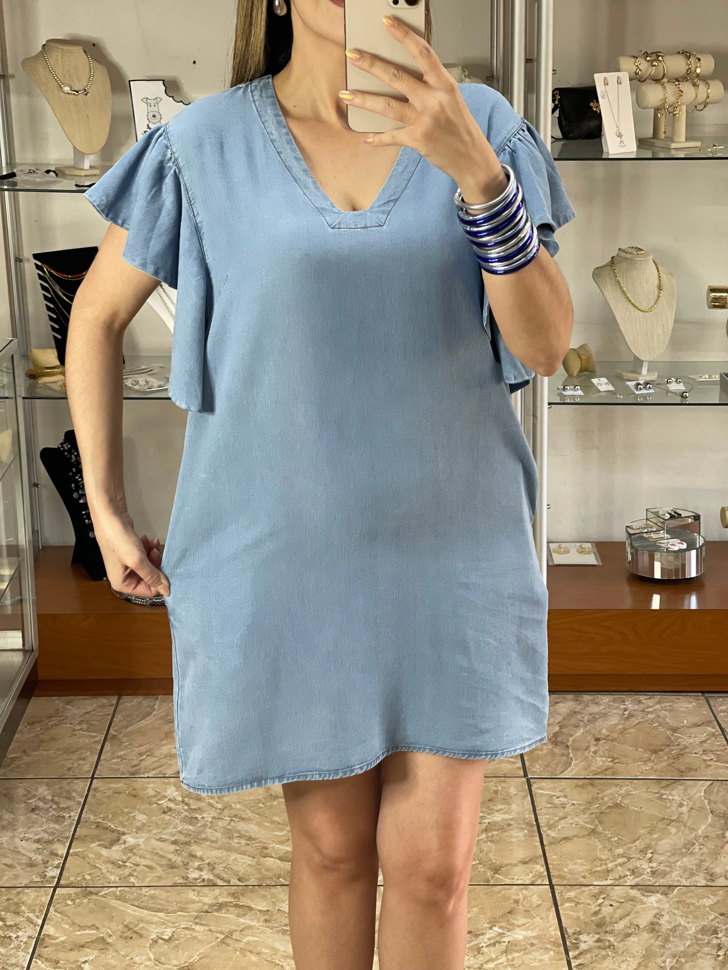 V-Neck Denim Mini Dress