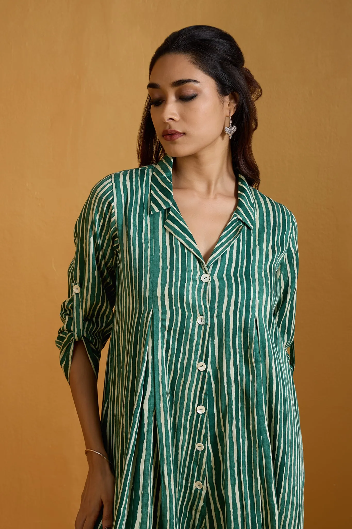 Verdant Stripe Symphony Jumpsuit with Pockets & Collar