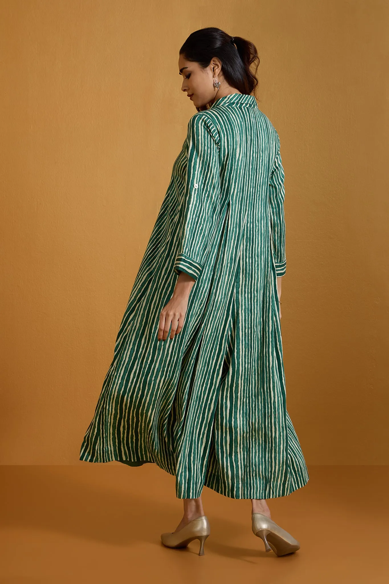 Verdant Stripe Symphony Jumpsuit with Pockets & Collar